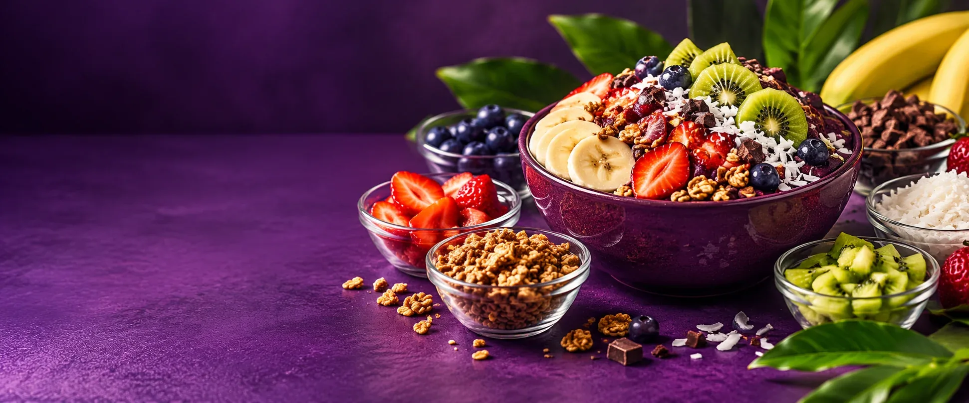 Açaí cercado de potinhos de complementos